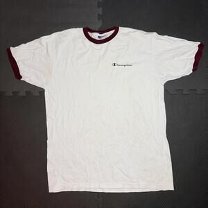 Vintage Champion White Blank T-Shirt Size Large USA 80s 90’s Maroon Sleeve VTG